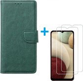 Bookcase Geschikt voor: Samsung Galaxy A12 - Groen - portemonnee hoesje met 2 stuks Glas Screen protector