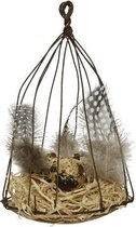 Hangdecoratie Vogelkooi ijzer met veren en eitjes -W10-H18.5 cm bruin