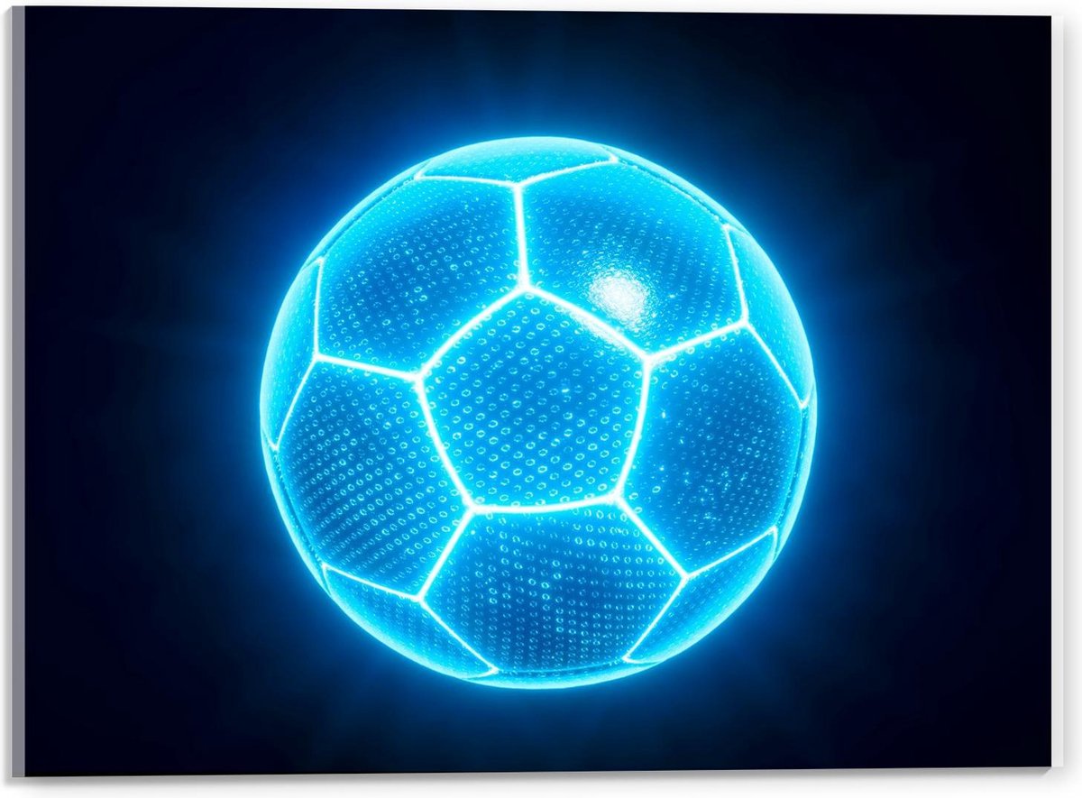 Acrylglas - Blauwe Neon Voetbal - 40x30cm Foto op Acrylglas (Met Ophangsysteem)