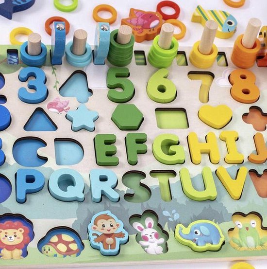 Thumbnail van een extra afbeelding van het spel Montessori Houten Educatief Spel - Alfabet - Cijfers - Tellen - Kleuren - Geometrie - Vissen - Dieren