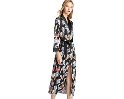 Satijnen badjas – dames – extra lange badjas – vlinders & verenmotief – Onesize (36-38) Satin- Luxury – 1 maat - satijnen badjas - 100% satijn polyester