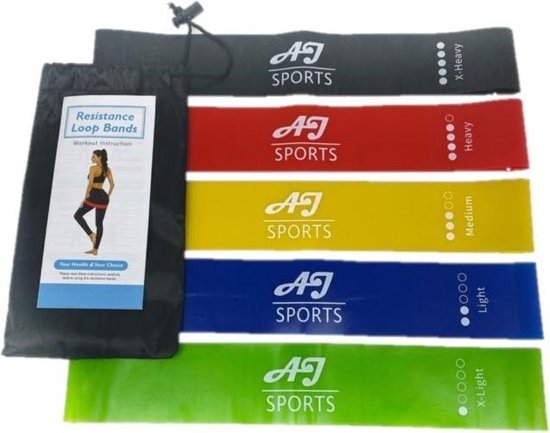 AJ-Sports Latex Weerstandsbanden - Booty band - Fitness elastiek - Fitness band - Set van 5 weerstandsbanden - Resistance band - Fitness - Inclusief draagtas