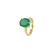 Silventi 9SIL-21251 Zilveren Ring - Dames - Groen Agaat - Ovaal Geslepen - 12 x 10 mm - Maat 52 - Gold Plated (Verguld / Goud op Zilver)