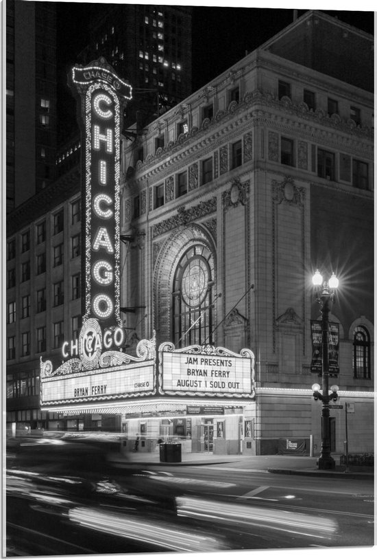 Acrylglas - Chicago Theatre (zwart/wit) - 60x90cm Foto op Acrylglas (Wanddecoratie op Acrylglas)