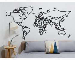 HOUTEN WANDDECORATIE / WOODEN WALL DECORATION - GEOMETRISCHE MUURDECORATIE / GEOMETRIC WALL ART - WERELDKAART / WORLD MAP - 210 x 107cm - ZWART / BLACK - ORIGAMI DESIGN WANDFIGUUR - ECHT HOUT - REAL WOOD - ATLAS - AARDE - CONTINENTEN - REIZEN