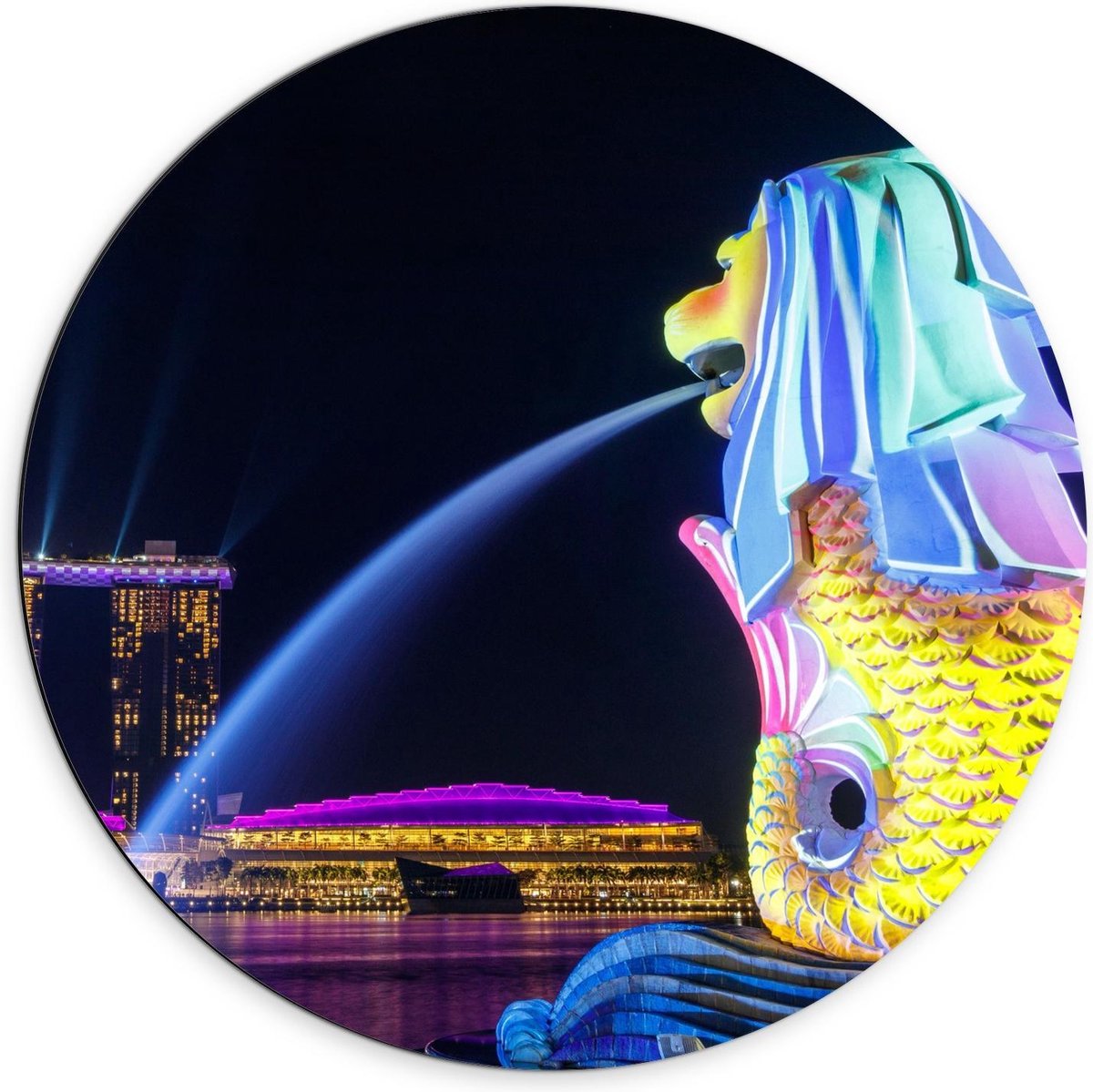 Dibond Wandcirkel - Fontein in Merlion Park, Singapore - 70x70cm Foto op Aluminium Wandcir
