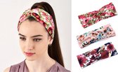 Set 3 stuks dames haarbanden gebloemd roze groen - meiden - tieners - vrouwen - volwassenen haarbanden gebloemd | haarband bloemenprint met knoop