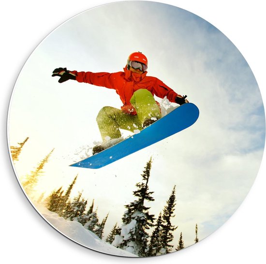 Forex Wandcirkel - Snowboarder in de Lucht - 40x40cm Foto op Wandcirkel (met ophangsysteem)