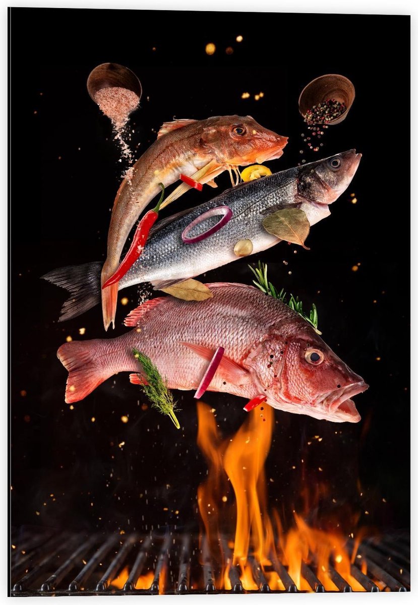Dibond - Vissen met Specerijen op de BBQ - 40x60cm Foto op Aluminium (Met Ophangsysteem)