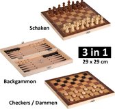 3 in 1 Schaakset, Checkersbord en Backgammon – Schaakspel inclusief schaakstukken en stenen - Opklapbaar Schaakbord - Schaken - Dammen - 29 x 29 cm