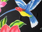 pareo, sarong, hamamdoek, wikkeljurk handgeschilderd  figuren vogel vlinder bloemen patroon lengte 115 cm breedte 165 kleuren blauw zwart groen roze oranje geel.