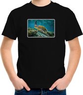 Dieren shirt met schildpadden foto - zwart - voor kinderen - natuur / zeeschildpad cadeau t-shirt XS (110-116)