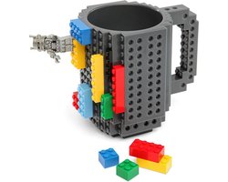 Build on Brick Mug - grijs - 350 ml - bouw je eigen mok met bouwsteentjes - BPA vrije drinkbeker cadeau voor kinderen of volwassenen - koffie thee limonade of andere dranken - pennenbeker - creatief accessoire voor op bureau
