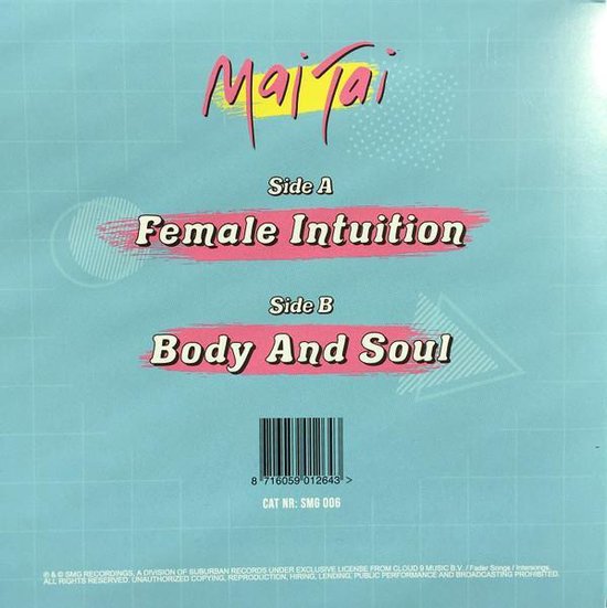 Achterkant van de hoes met de titels "Female Intuition" en "Body And Soul", een barcode en de CAT NR SMG 006.