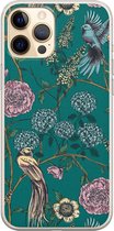 iPhone 12 hoesje - Vogels Japanse bloemen - Soft Case Telefoonhoesje - Bloemen - Blauw