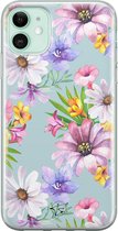 iPhone 11 hoesje - Mint bloemen - Soft Case Telefoonhoesje - Bloemen - Blauw
