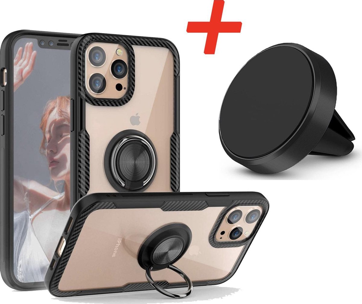 Geschikt voor Apple iPhone 12 Backcover - Zwart Carbon - Magnetisch + Magneet