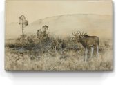 Peinture sur bois - Paysage avec famille d'orignaux - Bruno Liljefors - 30 x 19,5 cm - Impression laque - Chef-d'œuvre verni à la main à afficher ou à accrocher