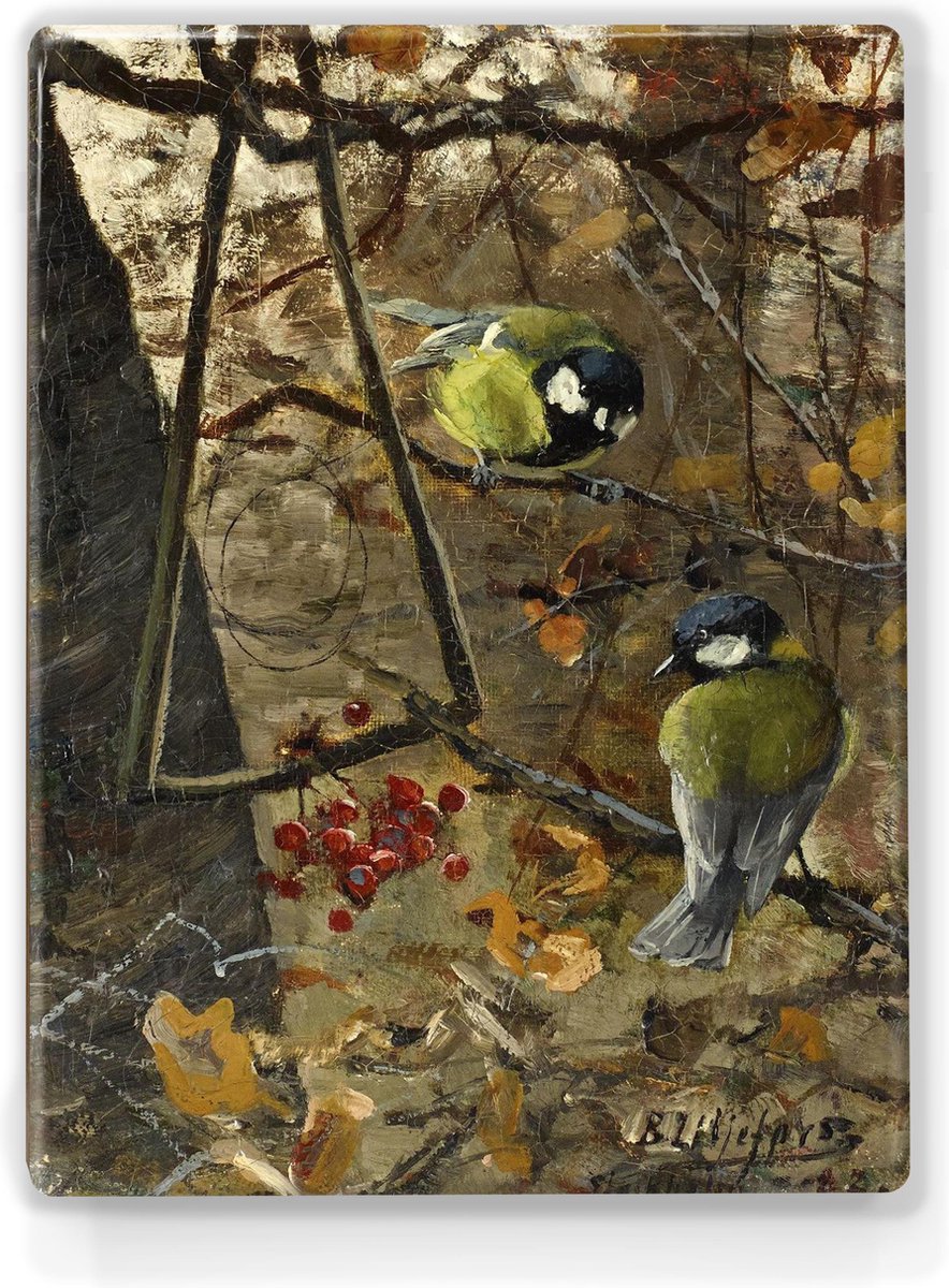 Koolmeesjes - Bruno Liljefors - 19,5 x 26 cm - Niet van echt te onderscheiden schilderijtje op hout - Mooier dan een print op canvas - Laqueprint.