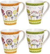 G. Wurm, Retro koffie mok met bloemen decor, groen en oranje, 300 ml, 4 stuks