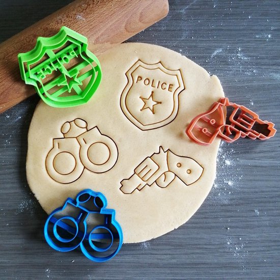 Foto: Koekjesvorm 3 delige set politie badge handboeien pistool cookie cutter uitsteekvorm bakvorm 8cm