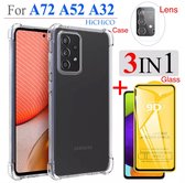 Samsung Galaxy A72 Hoes (Shock Proof Siliconen Case) + Screen protector Tempered Glass ( Full Cower ) + camera lens Glass - Glass - Glazen bescherming 3IN1 van HiCHiCO