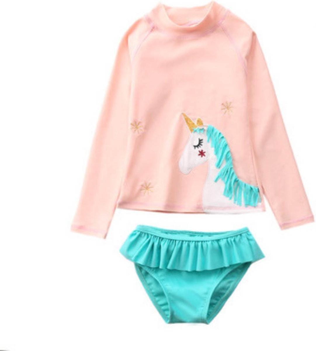 Badpak Meisje Lange Mouw – Zwemkleding lange mouwen – Zwempak Unicorn – Roze Turquoise – Maat 116/122