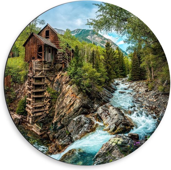 Dibond Wandcirkel - Boomhut in Bos met Rivier - 50x50cm Foto op Aluminium Wandcirkel (met ophangsysteem)