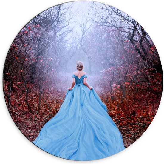 Dibond Wandcirkel - Vrouw in Blauwe Jurk in Bos - 70x70cm Foto op Aluminium Wandcirkel (met ophangsysteem)