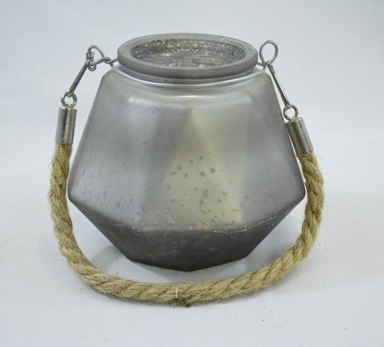 Waxinelichthouder glas grijs / zilver met jute koord, 11 x 13 cm