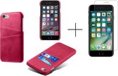 Card Case voor Apple iPhone 8 | iPhone 7 | iPhone SE 2020 | PU Leren Back Cover | Luxe Telefoonhoesje | Pasjeshouder | Roze + 1x Screenprotector iPhone 8