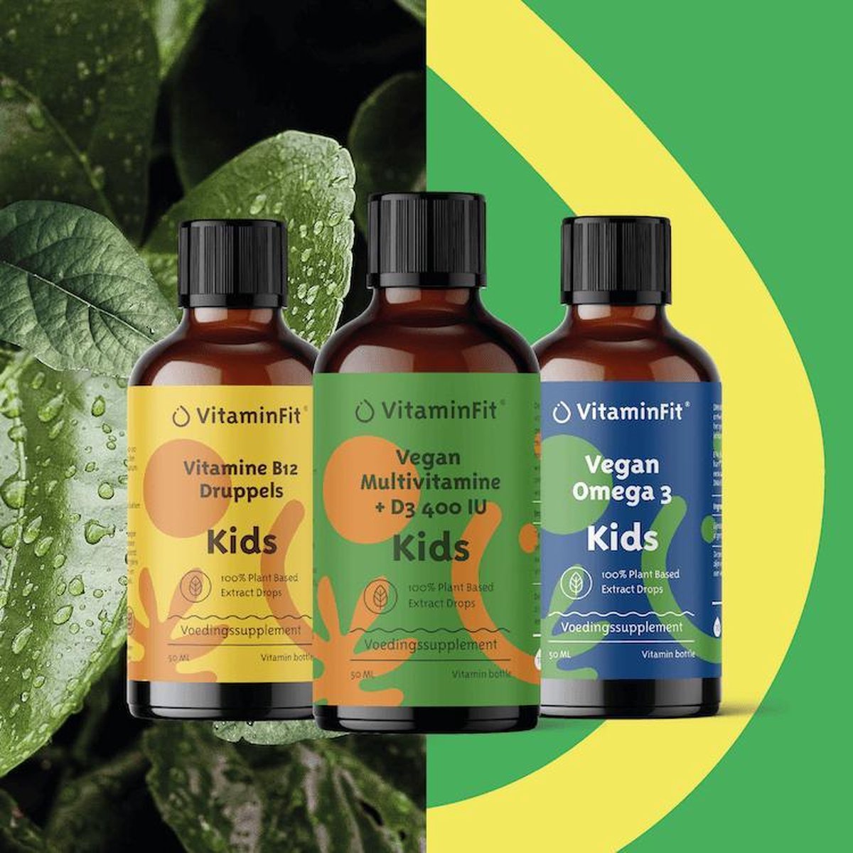 VitaminFit - Vegan Kids Pakket - 100% Plantaardig - 3 x 50 ML - Voor baby peuter en kind. Omega 3 DHA/EPA/ALA Visvrij! Vitamine B12 en multivitamine + D3 druppels!