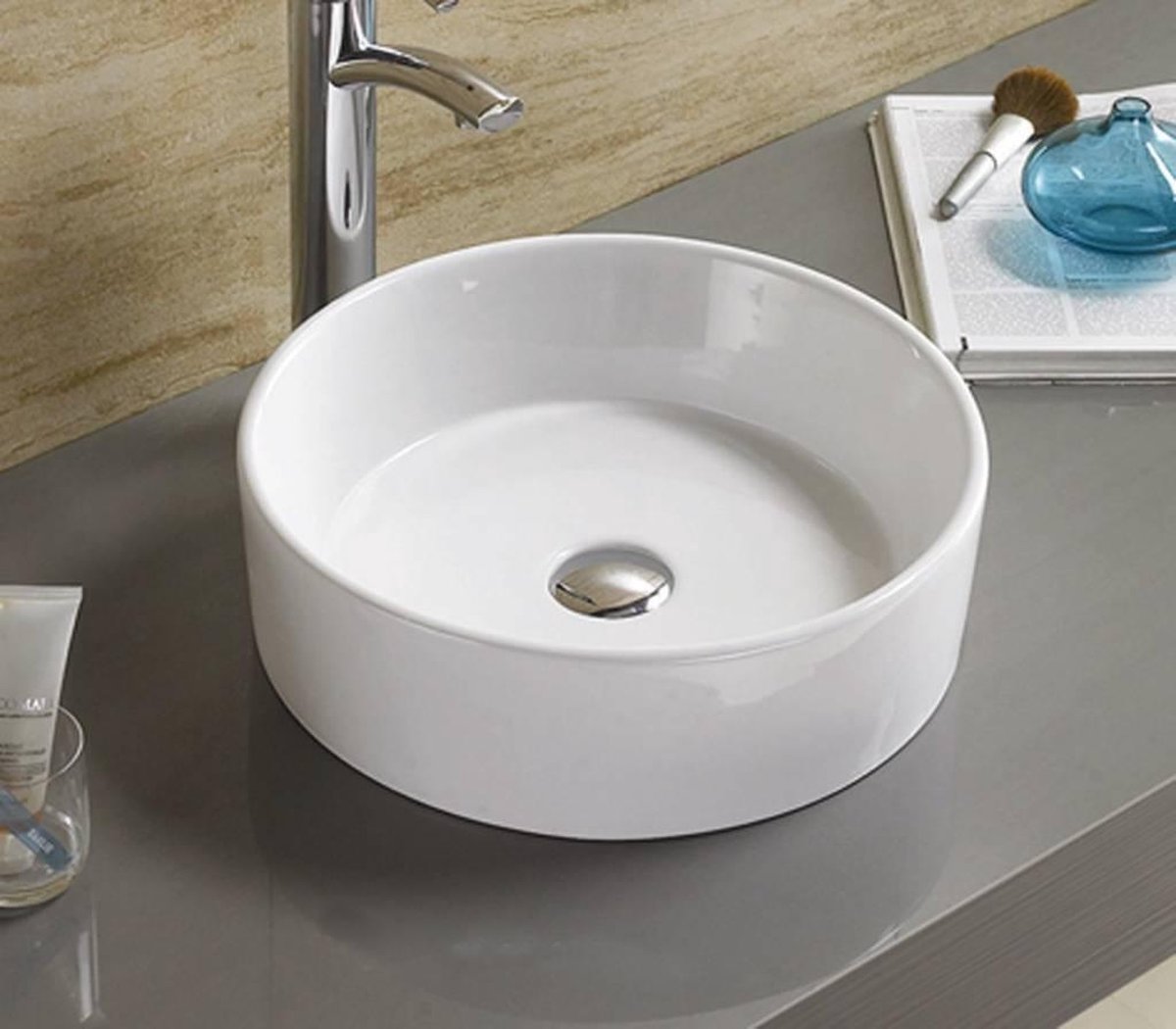 Blue Florence keramiek opbouw waskom rond 38,5 cm wit
