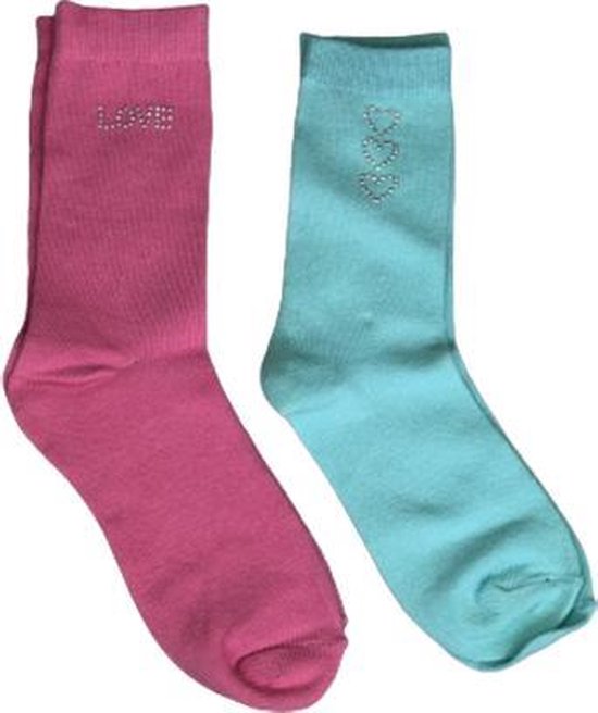 Sokken hartjes / love - Roze / Lichtblauw - Maat 31 / 34 - Set van 2 - Fashion Socks