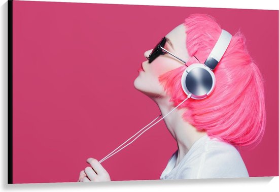 Canvas - Vrouw met Roze Haar en Koptelefoon - Foto op Canvas Schilderij (Wanddecoratie op Canvas)