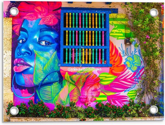 Tuinposter – Mooie Geschilderde Buitenmuur Met Gekleurd Tralies - 40x30cm Foto op Tuinposter  (wanddecoratie voor buiten en binnen)