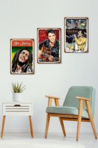 3d Effect Retro Hout Poster 3 stuk Bob Marley Elwis Presley Queen