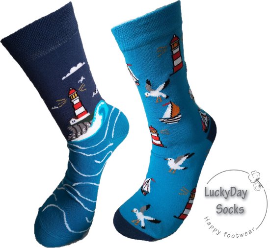 Verjaardag cadeau - Camping sokken - Vuurtoren Zeemeeuw sokken - Mismatch Sokken - Leuke sokken - Vrolijke sokken - Luckyday Socks - Sokken met tekst - Aparte Sokken - Socks waar je Happy van wordt - Maat 41-47