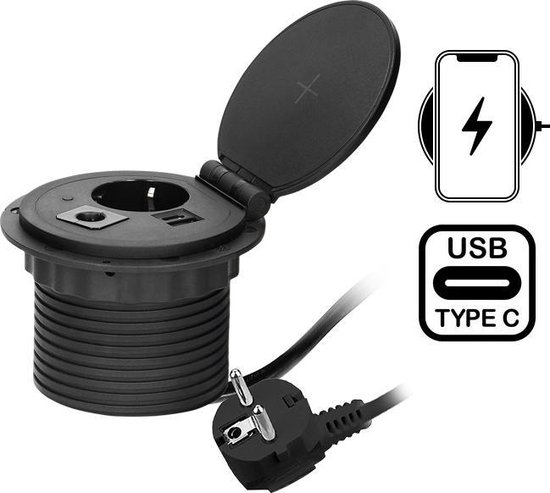 Inbouw Tafelstopcontact in het zwart met USB-A, C Quickcharge en draadloze Qi snellader