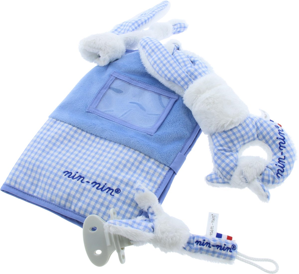 Goedkoopste Leuke Nin Nin baby set Jongen Rammelaar , Speenhouder, Kraamboekomslag - Blauw