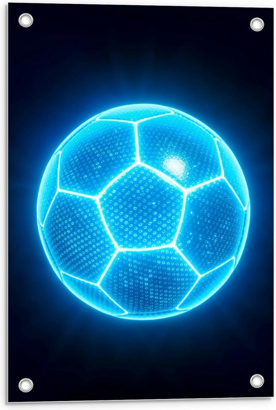 Tuinposter – Blauwe Neon Voetbal - 40x60cm Foto op Tuinposter  (wanddecoratie voor buiten en binnen)