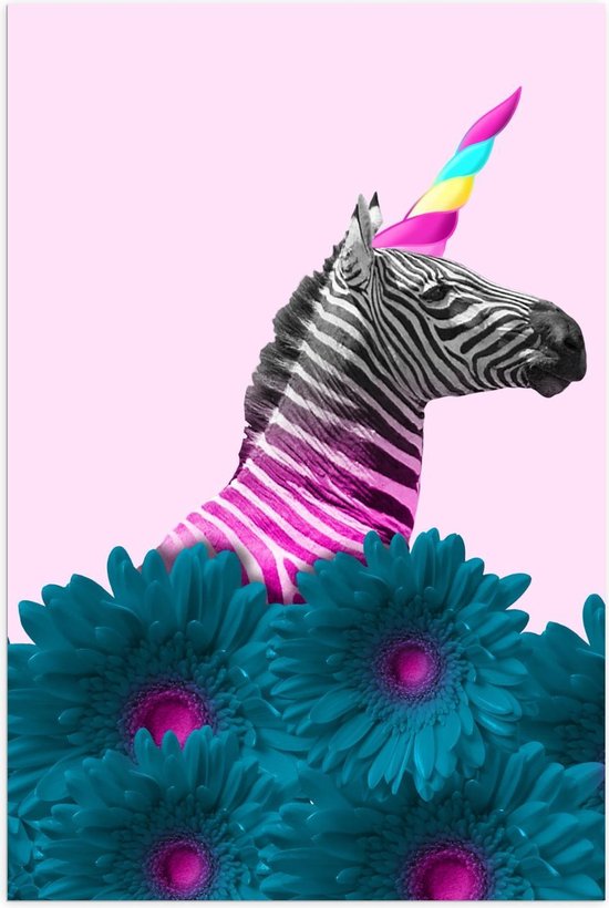 Poster – Zebra als Eenhoorn met Bloemen - 40x60cm Foto op Posterpapier