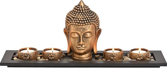 Boeddha hoofd met 4 waxinelichthouders op tablet