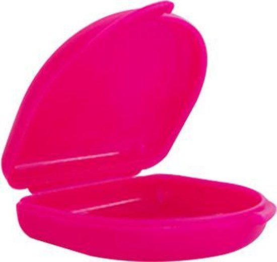 Roze beugelbakje met scharnierend deksel, geopend.