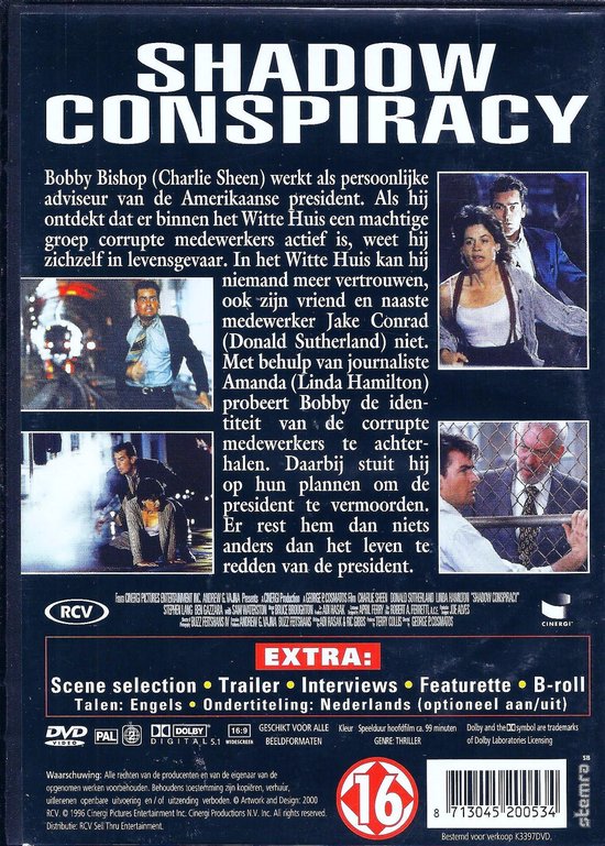 Achterkant van de DVD-hoes met tekst, filmbeelden en acteurs CHARLIE SHEEN, DONALD SUTHERLAND en LINDA HAMILTON.