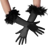 dressforfun - Lange satijnen handschoenen met veren zwart - verkleedkleding kostuum halloween verkleden feestkleding carnavalskleding carnaval feestkledij partykleding - 304589