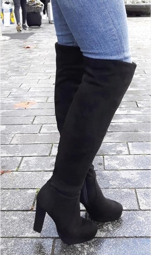 Zwarte overknee laarzen met blokhak | Stretch overknees dikke | |
