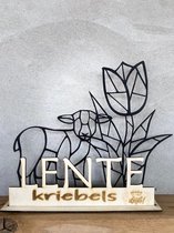 Lente decoratie / Lente ornament van een houten tulp en lammetje geometrisch (in de kleur zwart) en de tekst LENTE kriebels (Jaaa het is weer lente) / paas decoratie / paasversiering