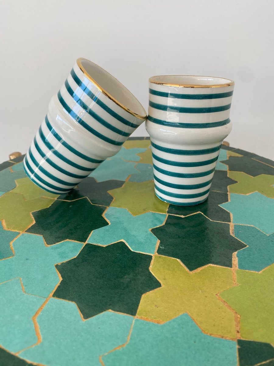 Traditionele Mok | Handgemaakte Mok | Blue Lines | Set van 2 | Marokkaanse Beldi Mok Goud