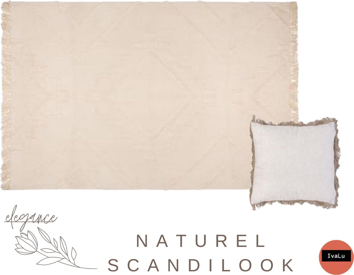 Vloerkleed ivoor natural stijl van katoen met franjes 120 x 170 met kussenhoes 40 x 40- set tapijt met kussenhoes - vloerkleed rechthoekig